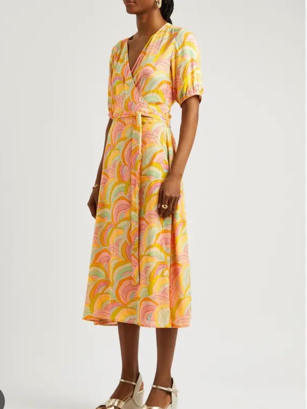Never Fully Dressed Bright Yellow & Pink Patterned Wrap Midi Dress